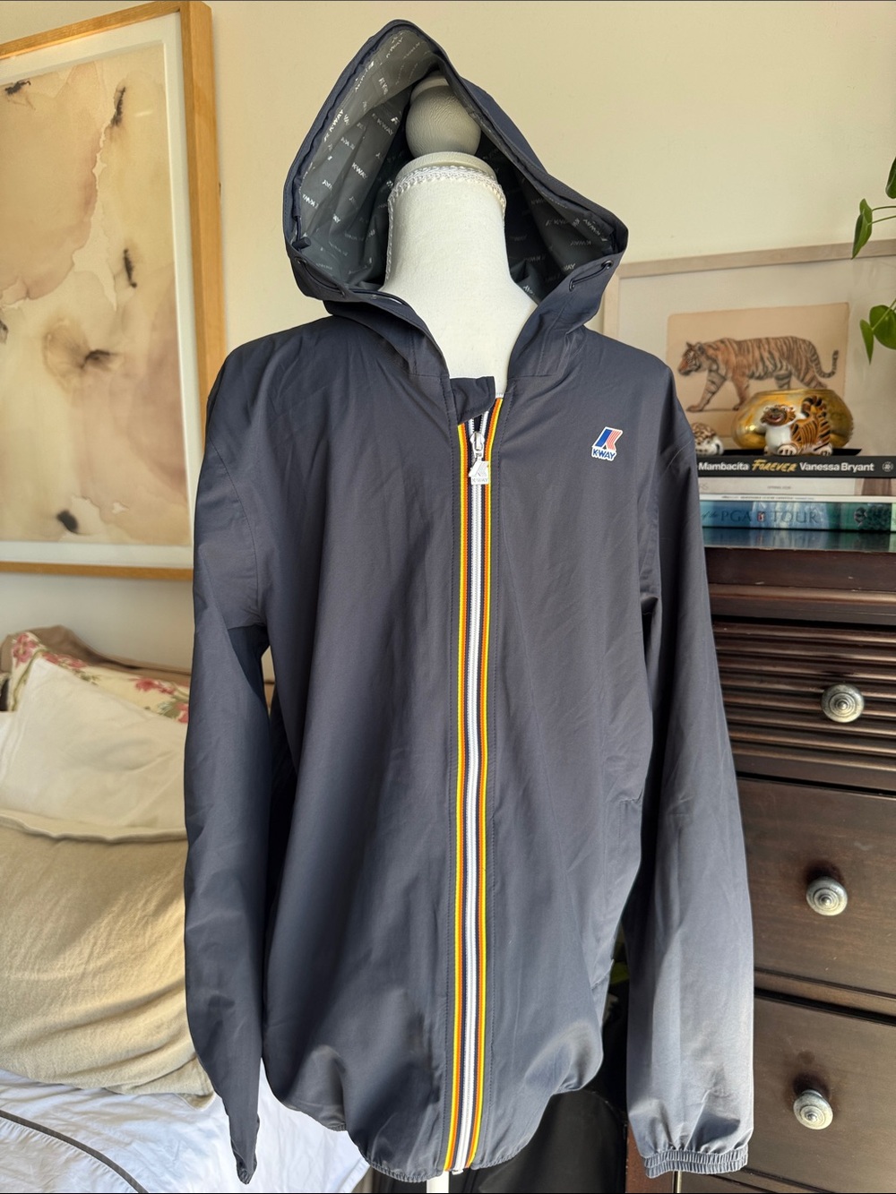 K-Way Men's Hooded Rain Jacket in Dark Navy Blue with Yellow-Trim Zip